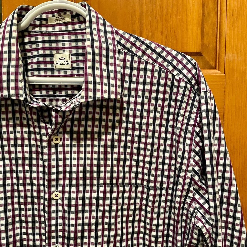 Lrg Peter Millar LS Purple Black Plaid Cotton